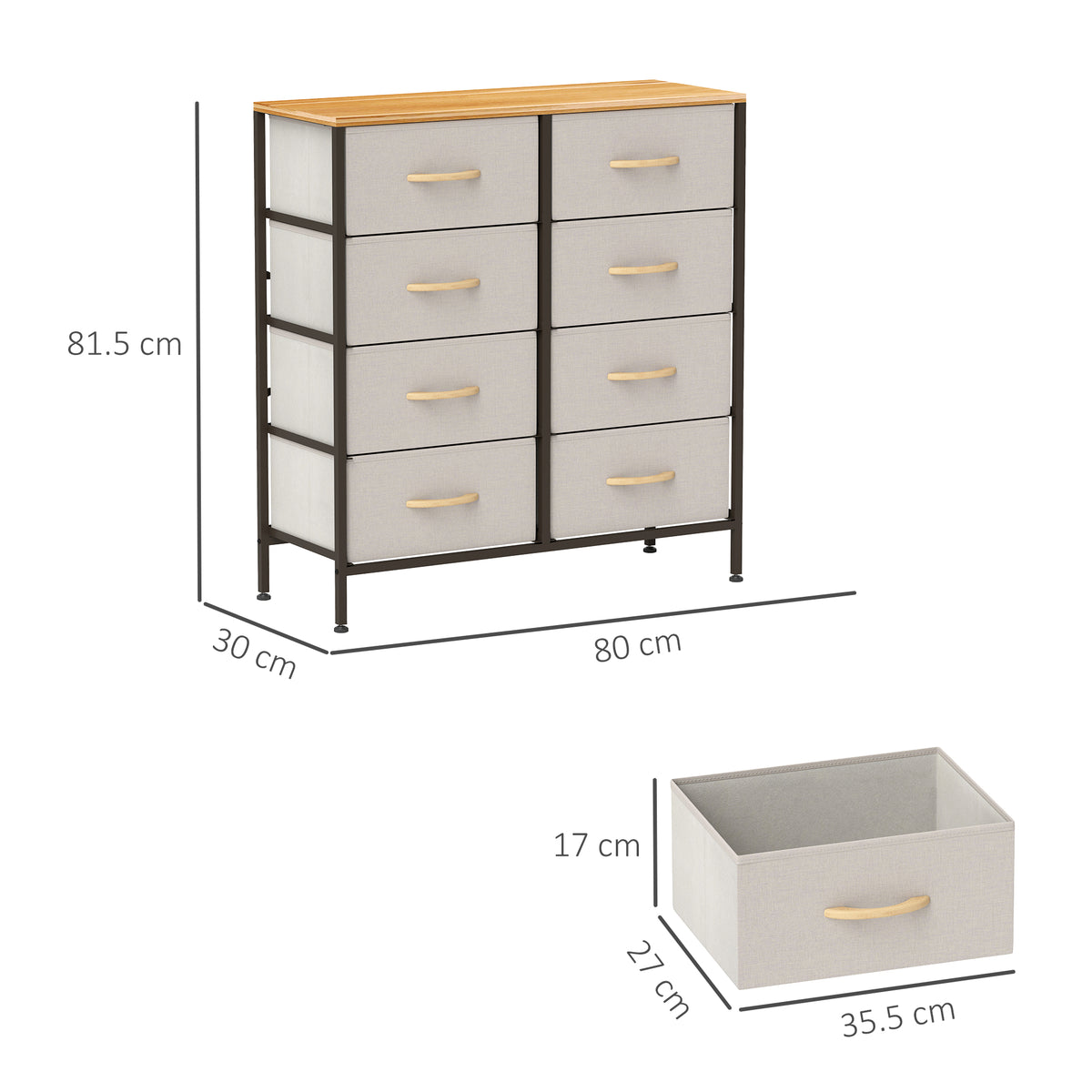 8 Drawer Fabric Chest of Drawers w/ Wooden Top for Hallway Cream
