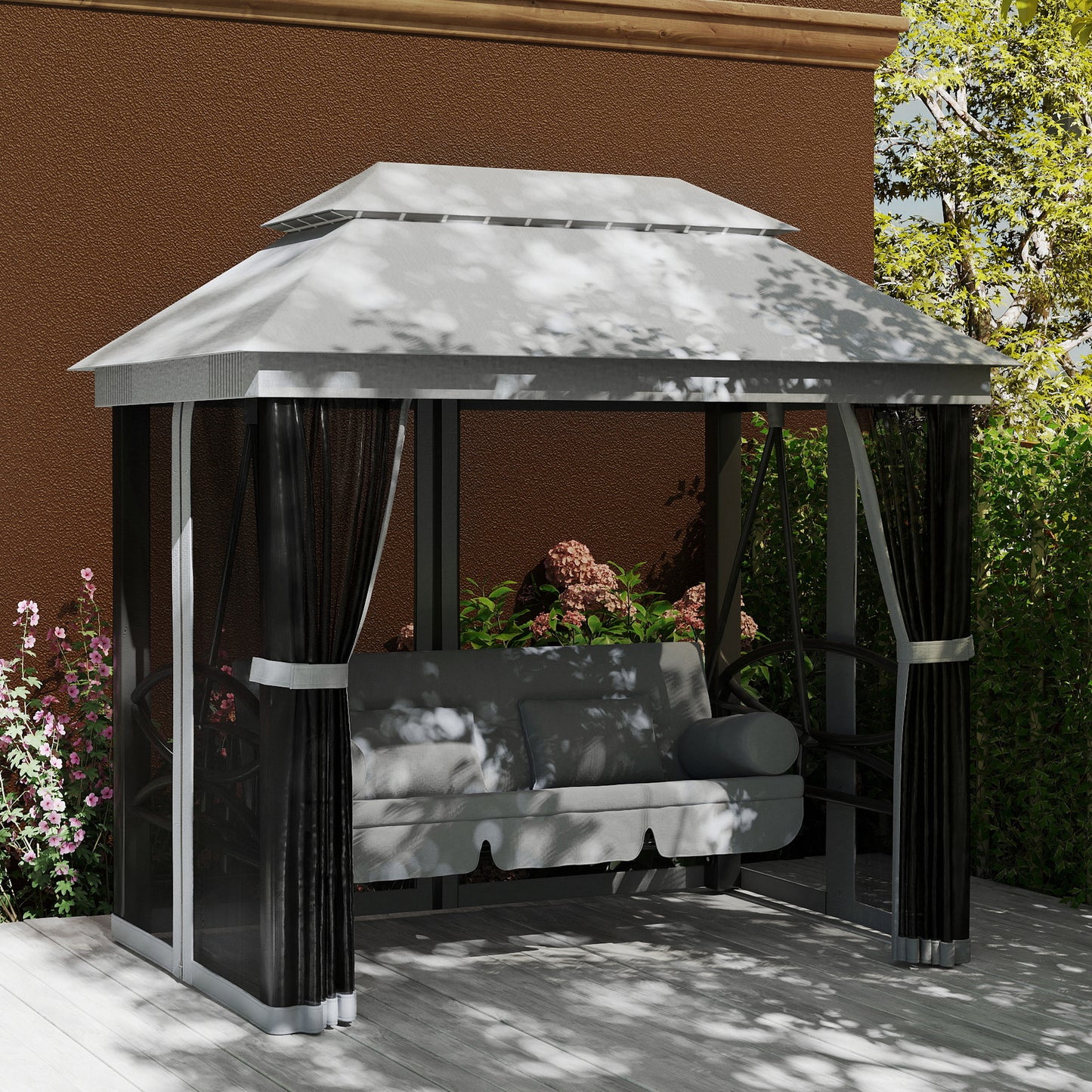 3 Person Canopy Gazebo Swing Outdoor Patio Lounge w/ Mesh Walls, Grey