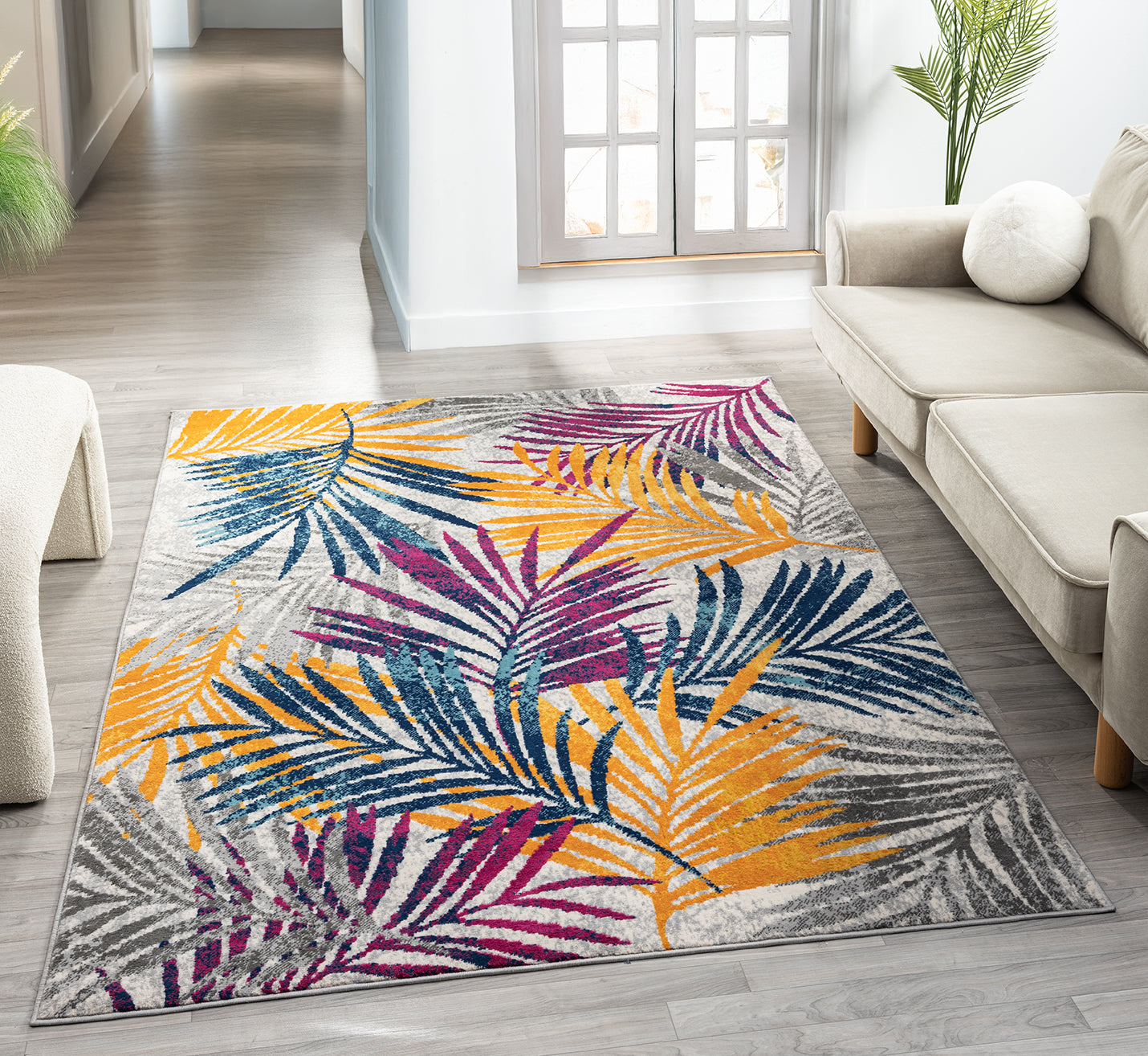 San Marino Modern Living Room Area Rug - Low Pile Leaf Design