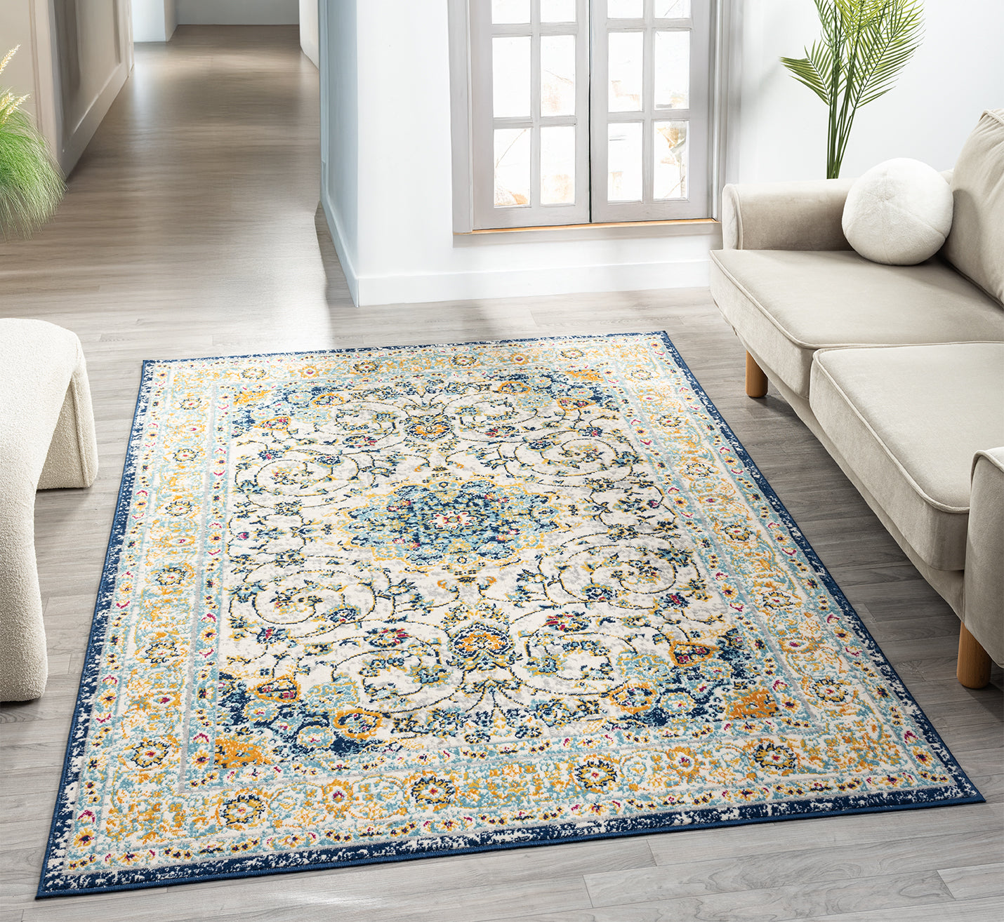 San Marino Living Room Area Rug - Low Pile Medallion Floral Design