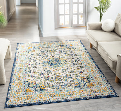 San Marino Living Room Area Rug - Low Pile Medallion Floral Design