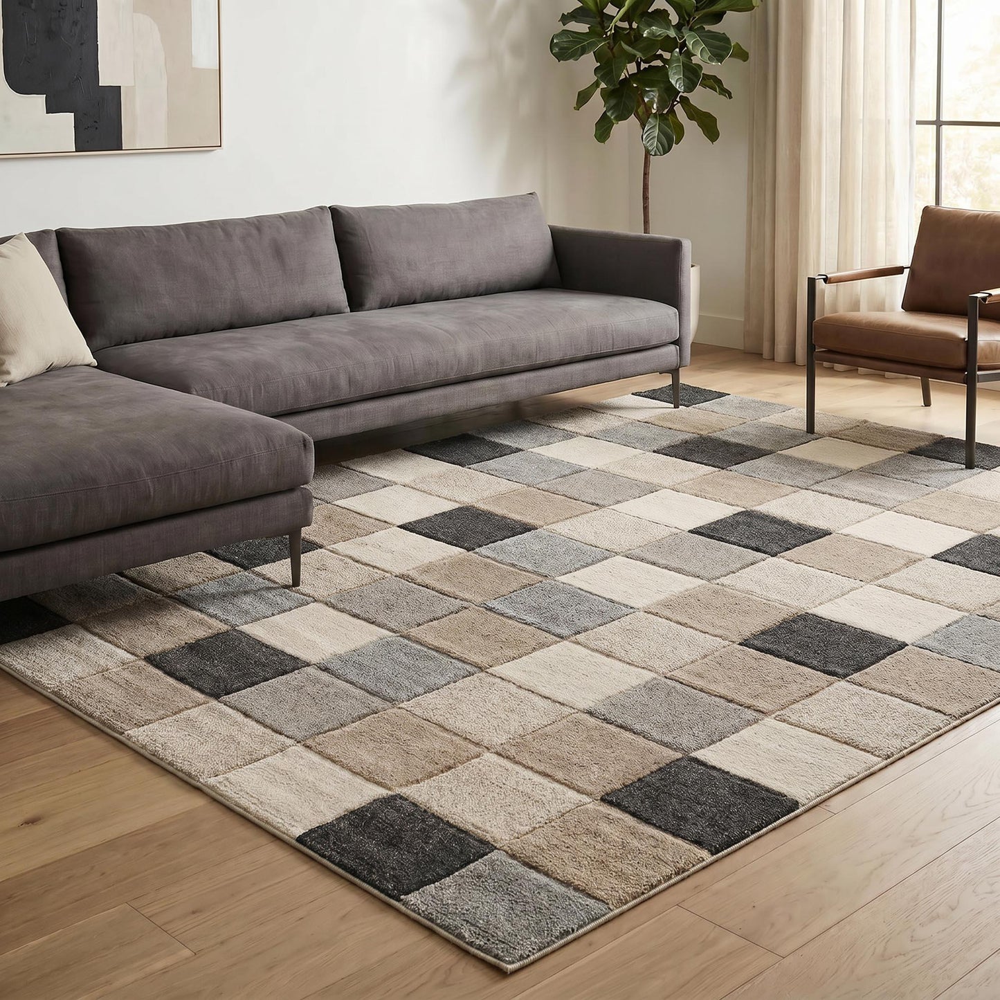 Santiago Modern Abstract Geometric Carved Rugs - Grid Design - 2 Colours Available