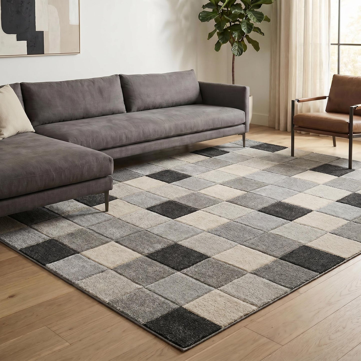 Santiago Modern Abstract Geometric Carved Rugs - Grid Design - 2 Colours Available