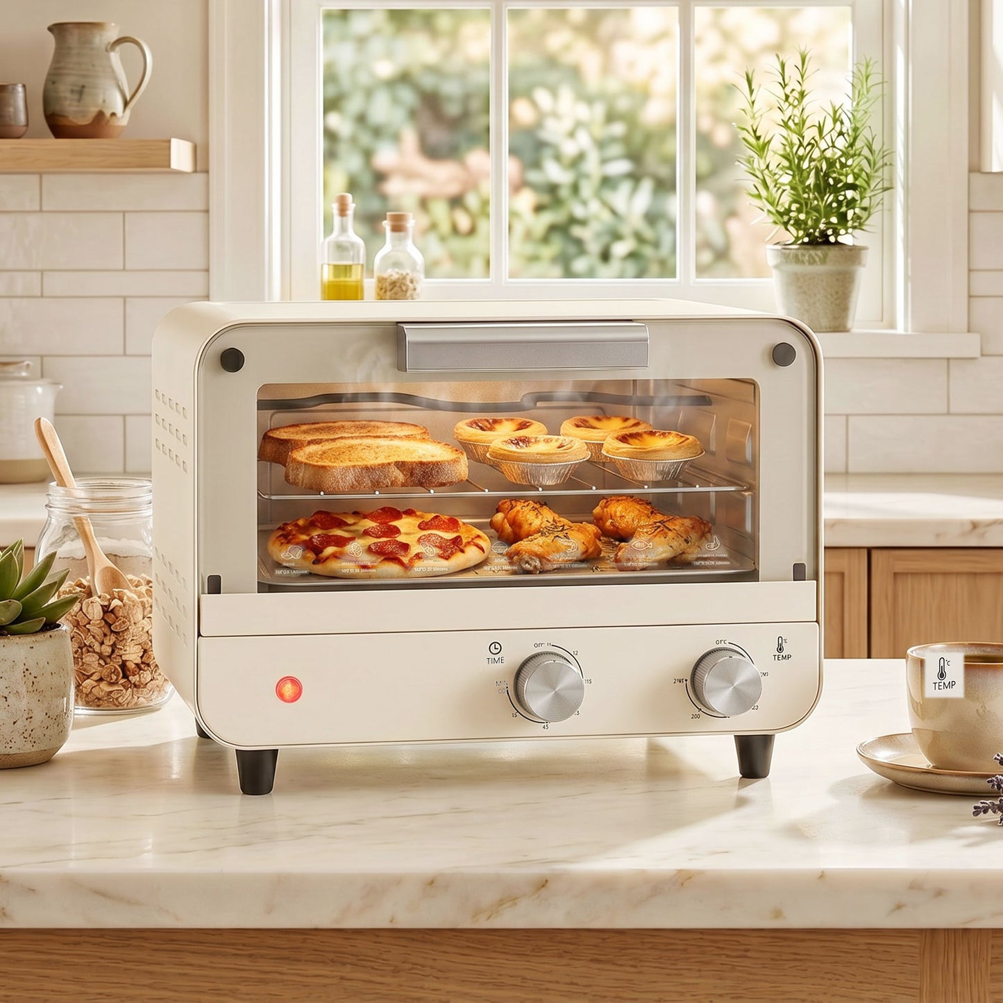 Small Toaster Oven, 12L Multifunction Mini Countertop Oven with Glass Door, Adjustable Temperature, Timer, Wire Rack & Baking Tray, 750W, Cream White