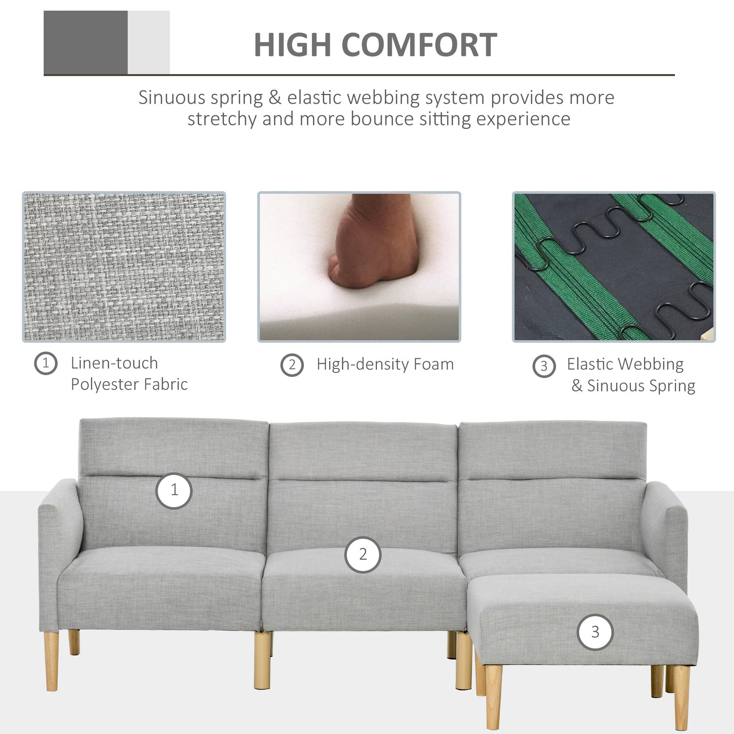 L Shape Sofa Bed Set, Linen Fabric Corner Sofa Bed with Rubber Wood Legs and Footstool, Grey