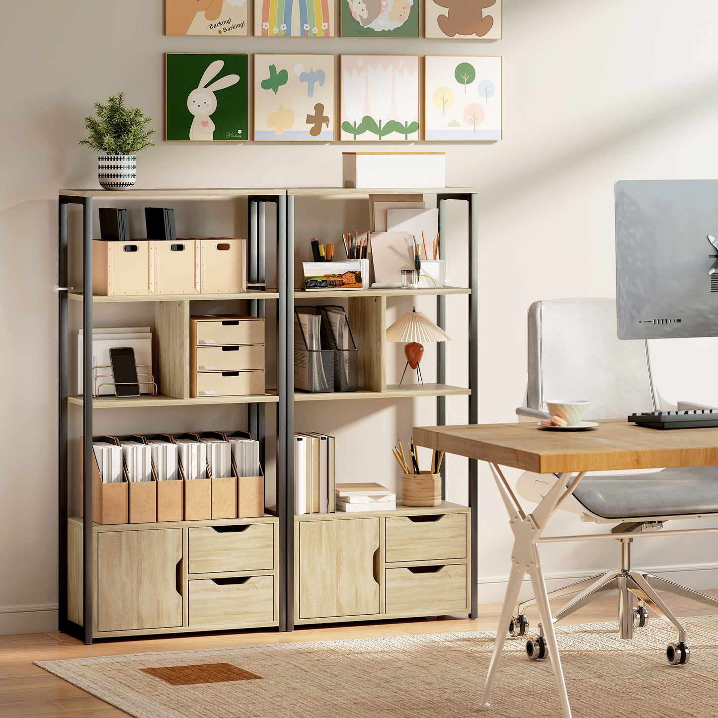 Industrial Bookshelf with 1 Cabinet and 2 Drawers, Natural Wood