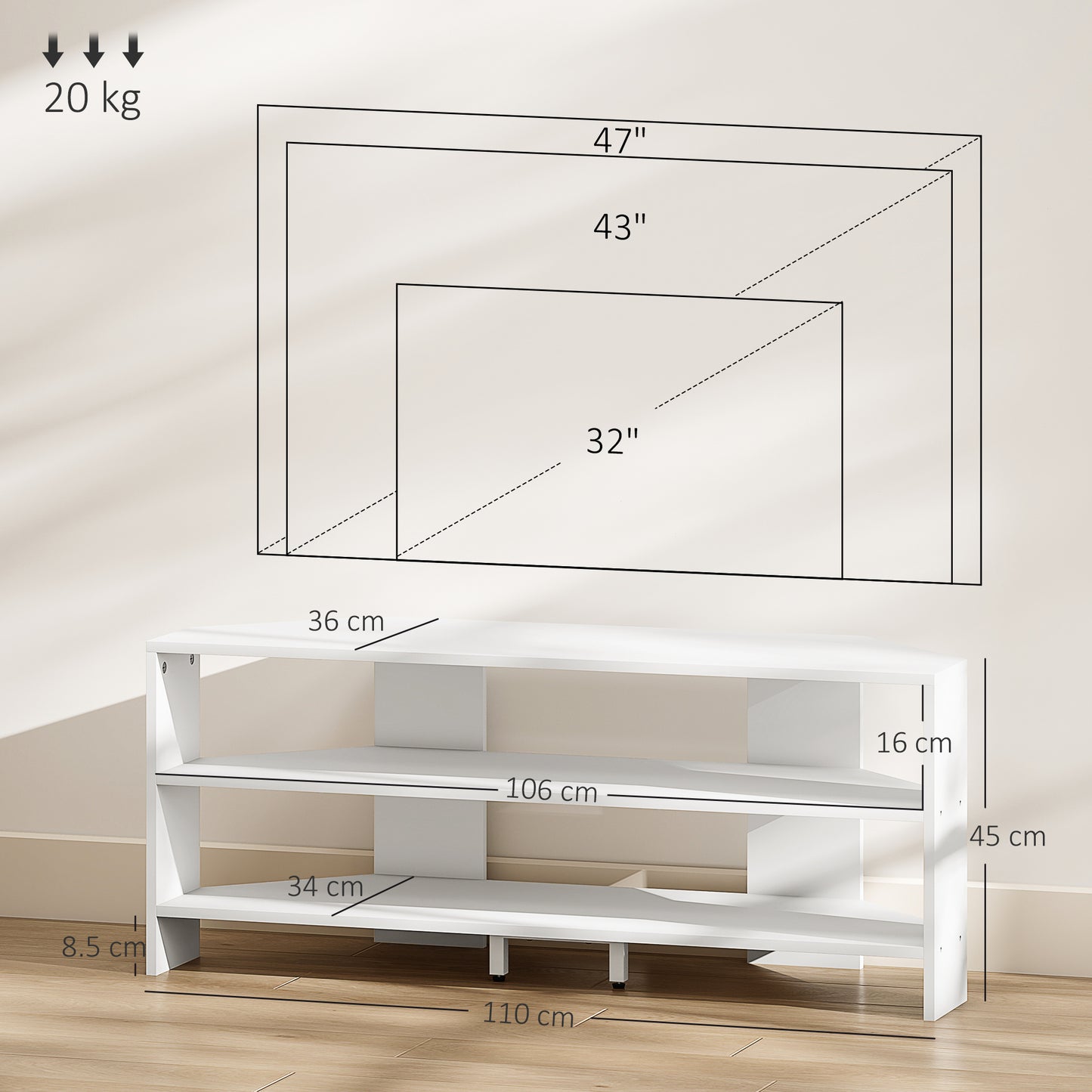 Corner TV Stand, TV Unit with Open Shelves for 47 Inch TV, White