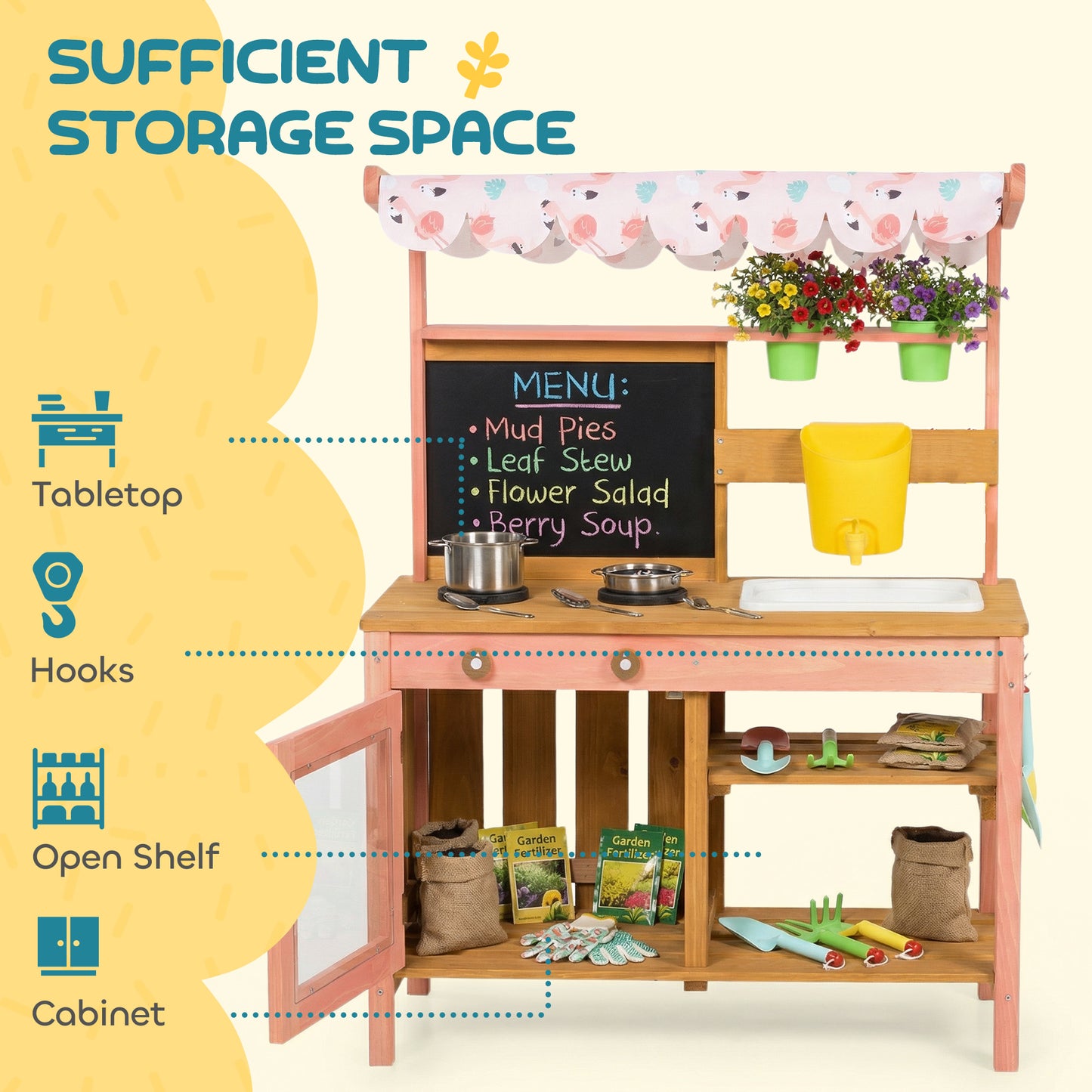 Wooden Kids Mud Kitchen with Canopy, Planter Box, Pink