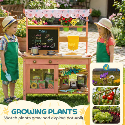 Wooden Kids Mud Kitchen with Canopy, Planter Box, Pink