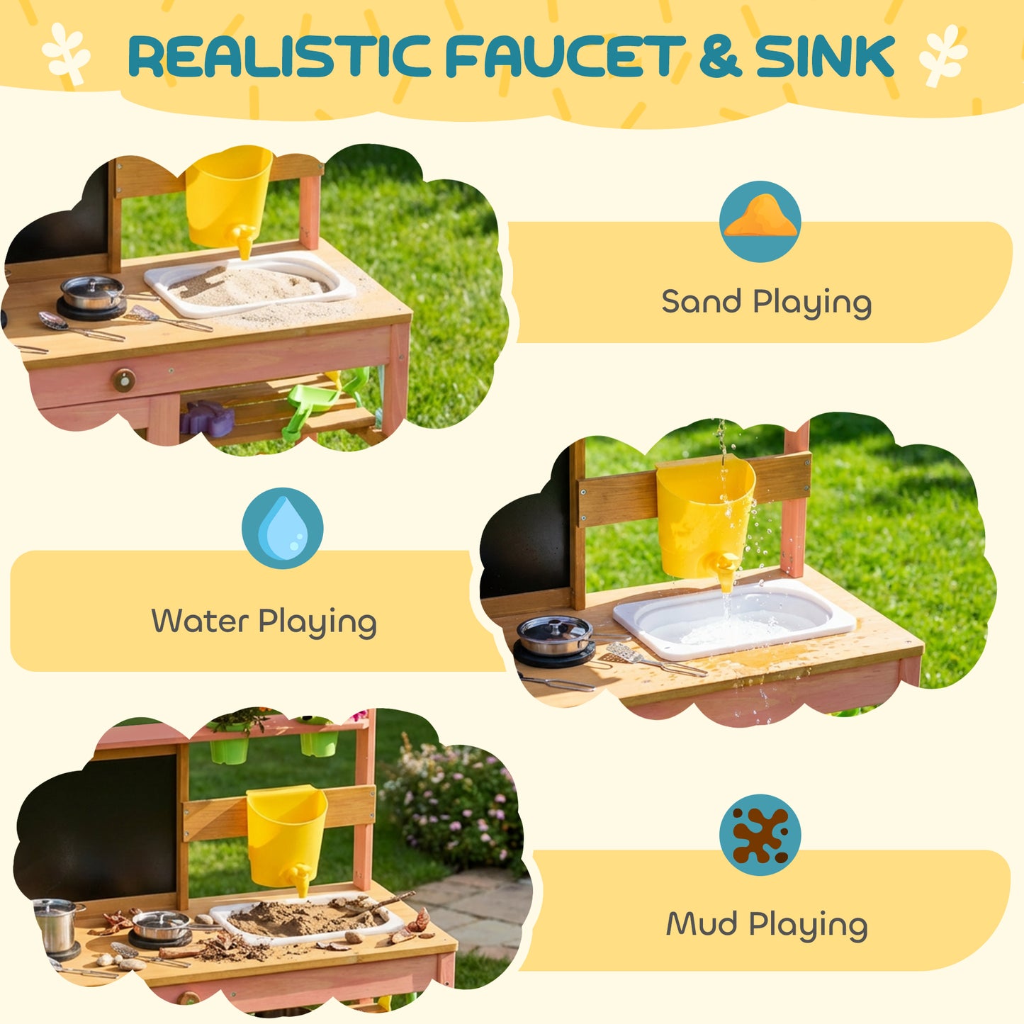 Wooden Kids Mud Kitchen with Canopy, Planter Box, Pink