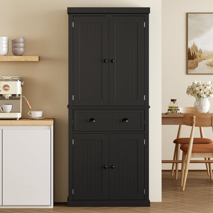 183 cm Tall Kitchen Cabinet, Freestanding Storage Cabinet with 4 Doors, Drawer and Adjustable Shelves, Kitchen Cupboard for Dining Room, Black