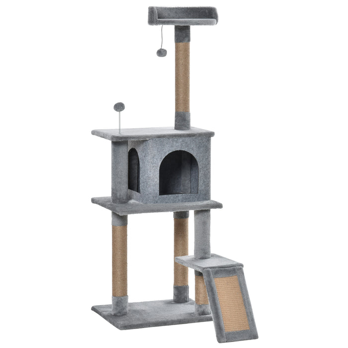 Cat Tree Tower 142cm Climbing Kitten Activity Center with Jute Scratching Post Board Perch Roomy Condo Removable Felt Hanging Toy, Grey