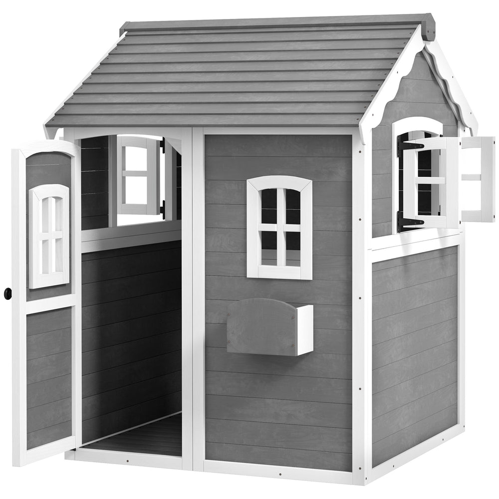 Wooden Playhouse for Kids with Doors, Windows, Plant Box, Floors, for 3-8 Years Old, Garden, Lawn, Patio, Grey