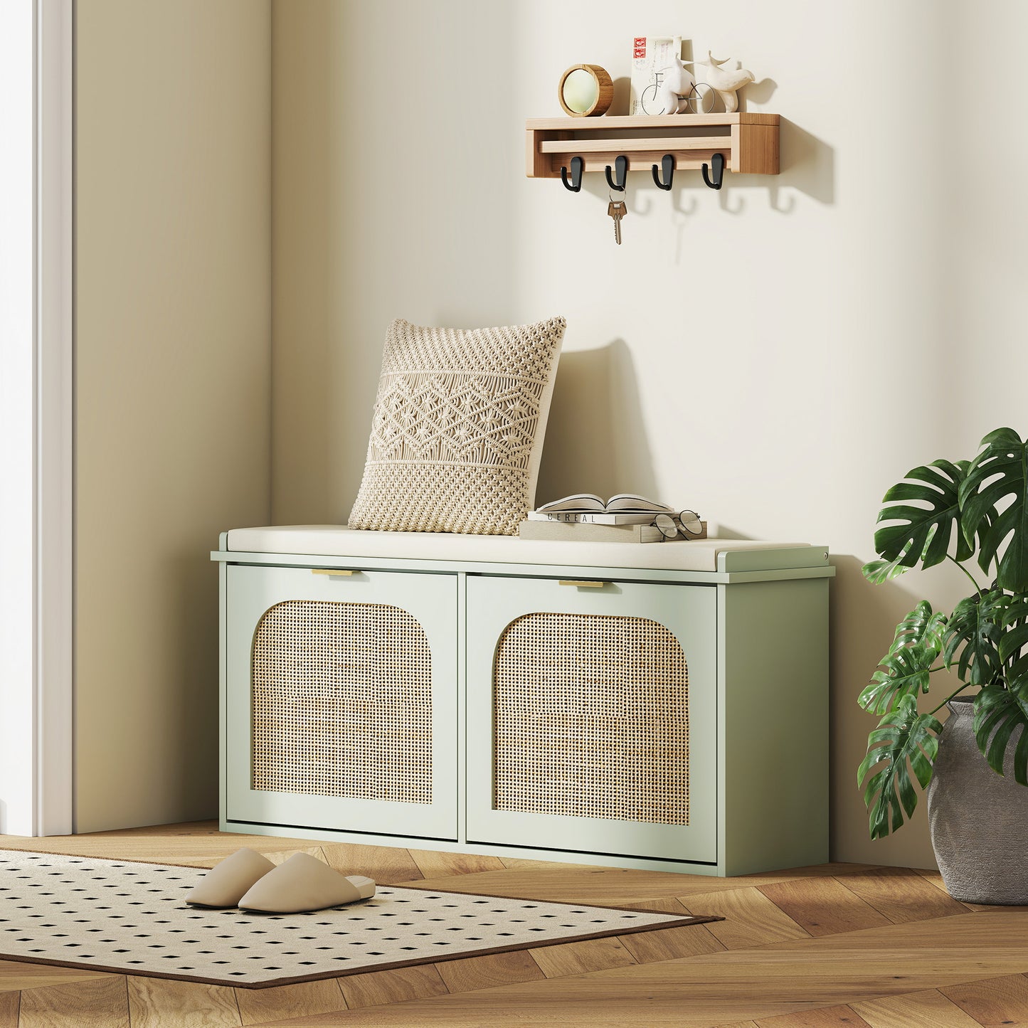 Boho Shoe Bench with Padded Seat and 2 Flip-Drawers, Light Green