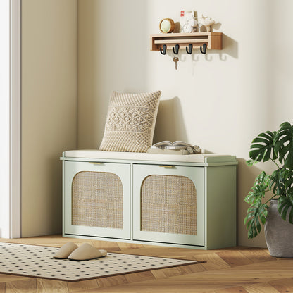 Boho Shoe Bench with Padded Seat and 2 Flip-Drawers, Light Green