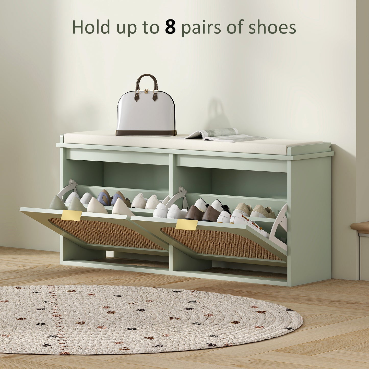 Boho Shoe Bench with Padded Seat and 2 Flip-Drawers, Light Green