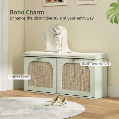 Boho Shoe Bench with Padded Seat and 2 Flip-Drawers, Light Green