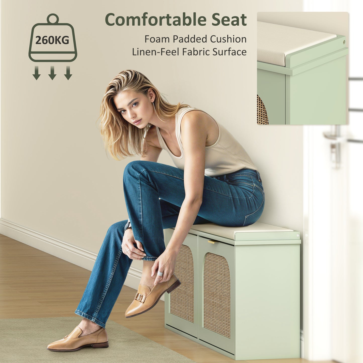 Boho Shoe Bench with Padded Seat and 2 Flip-Drawers, Light Green