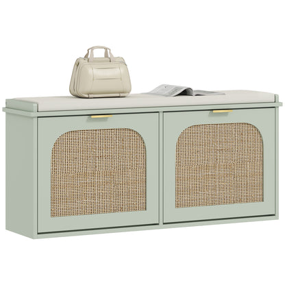Boho Shoe Bench with Padded Seat and 2 Flip-Drawers, Light Green