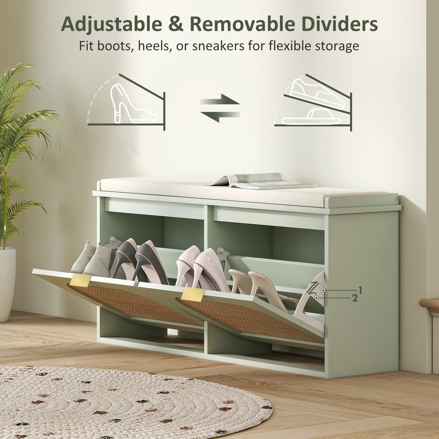 Boho Shoe Bench with Padded Seat and 2 Flip-Drawers, Light Green