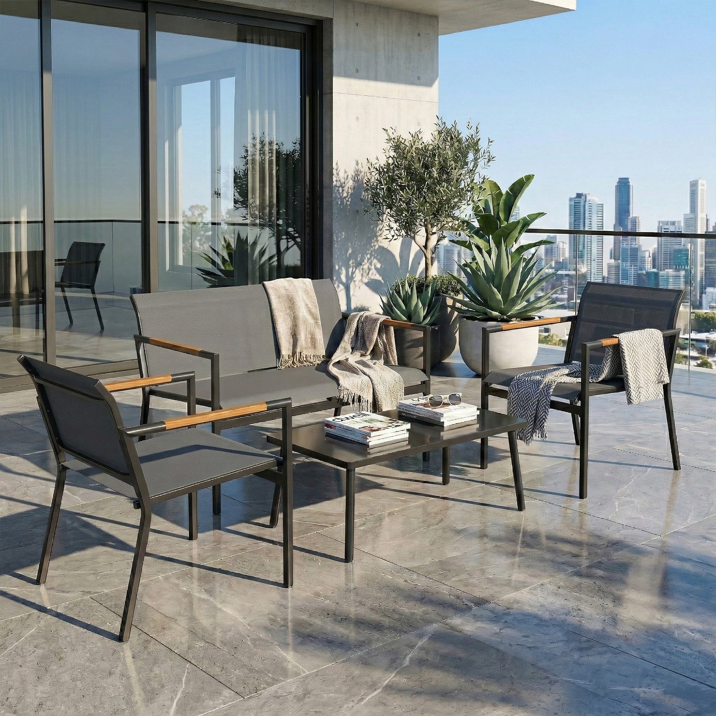 4 Seater Garden Furniture Set, Metal Garden Sofa Set, Grey