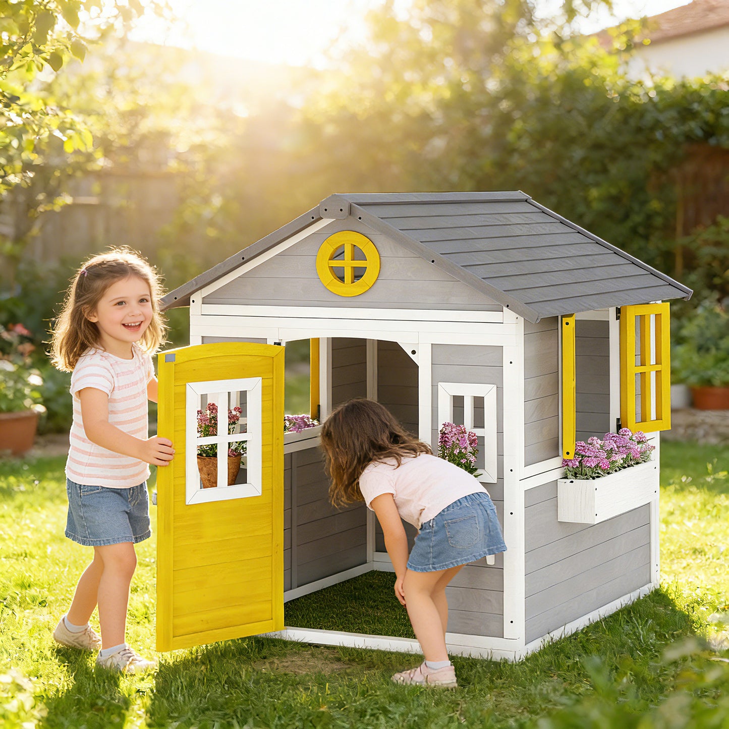 Wooden Playhouse for Kids Outdoor Wendy House with Doors, Windows, Plant Pots, Boxes, for 3-8 Years - Grey