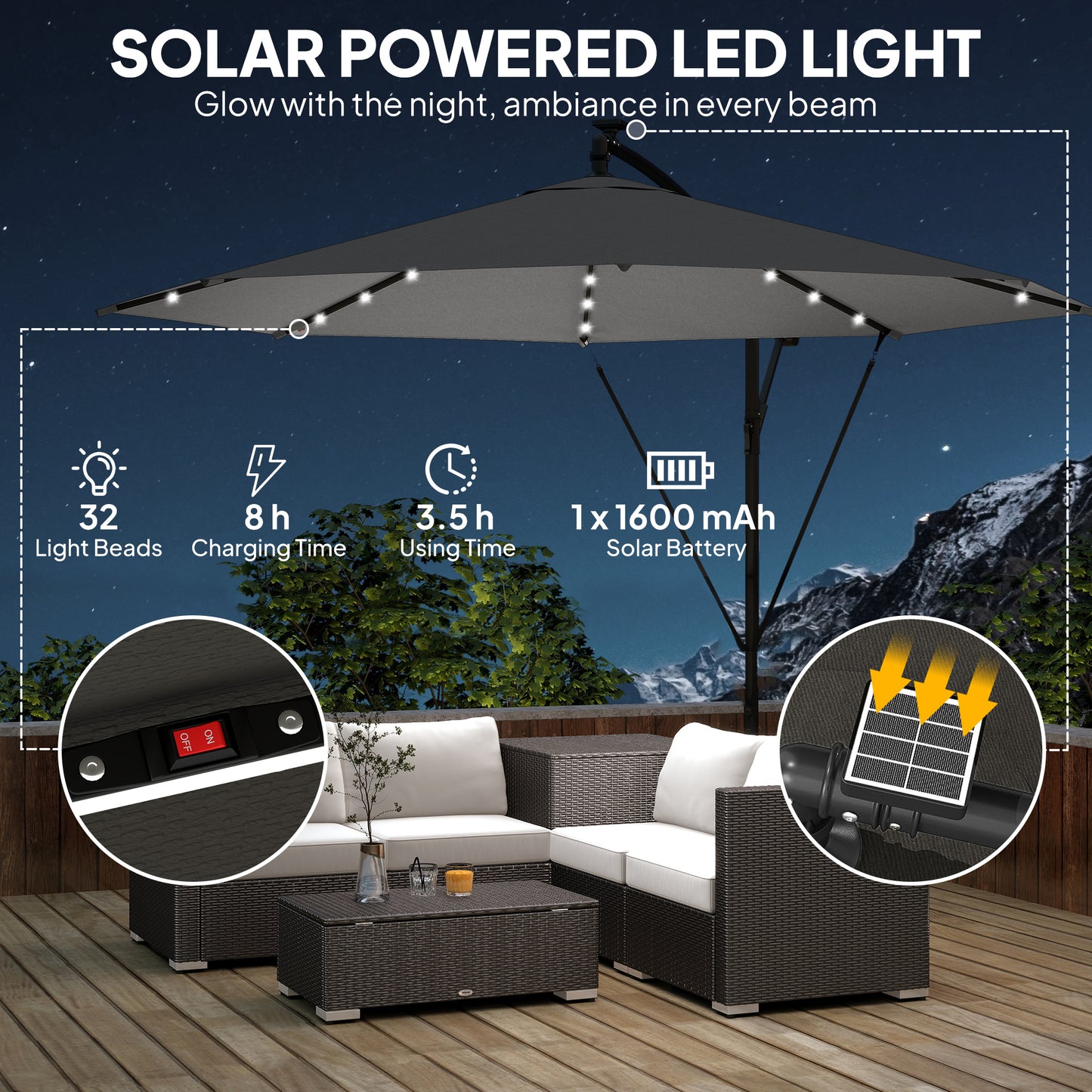 3 m Cantilever Parasol Solar LED Lights, Black