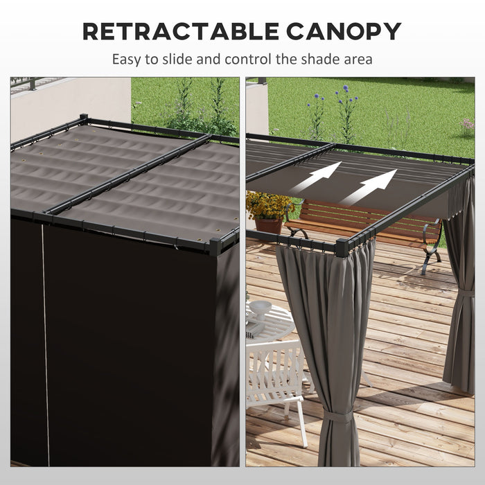 3 x 3(m) Retractable Pergola, Garden Gazebo Shelter with Curtains, for Grill, Patio, Deck, Grey