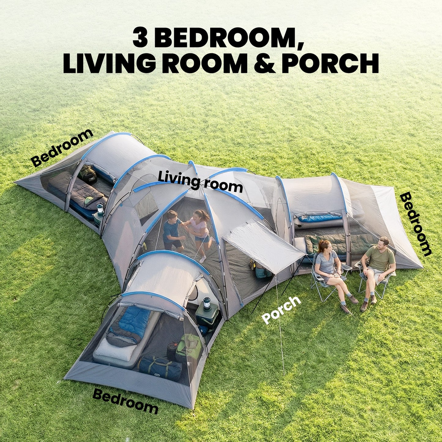 6-9 Man Large Tunnel Tent with 3 Bedrooms, Stand-up Camping Tent