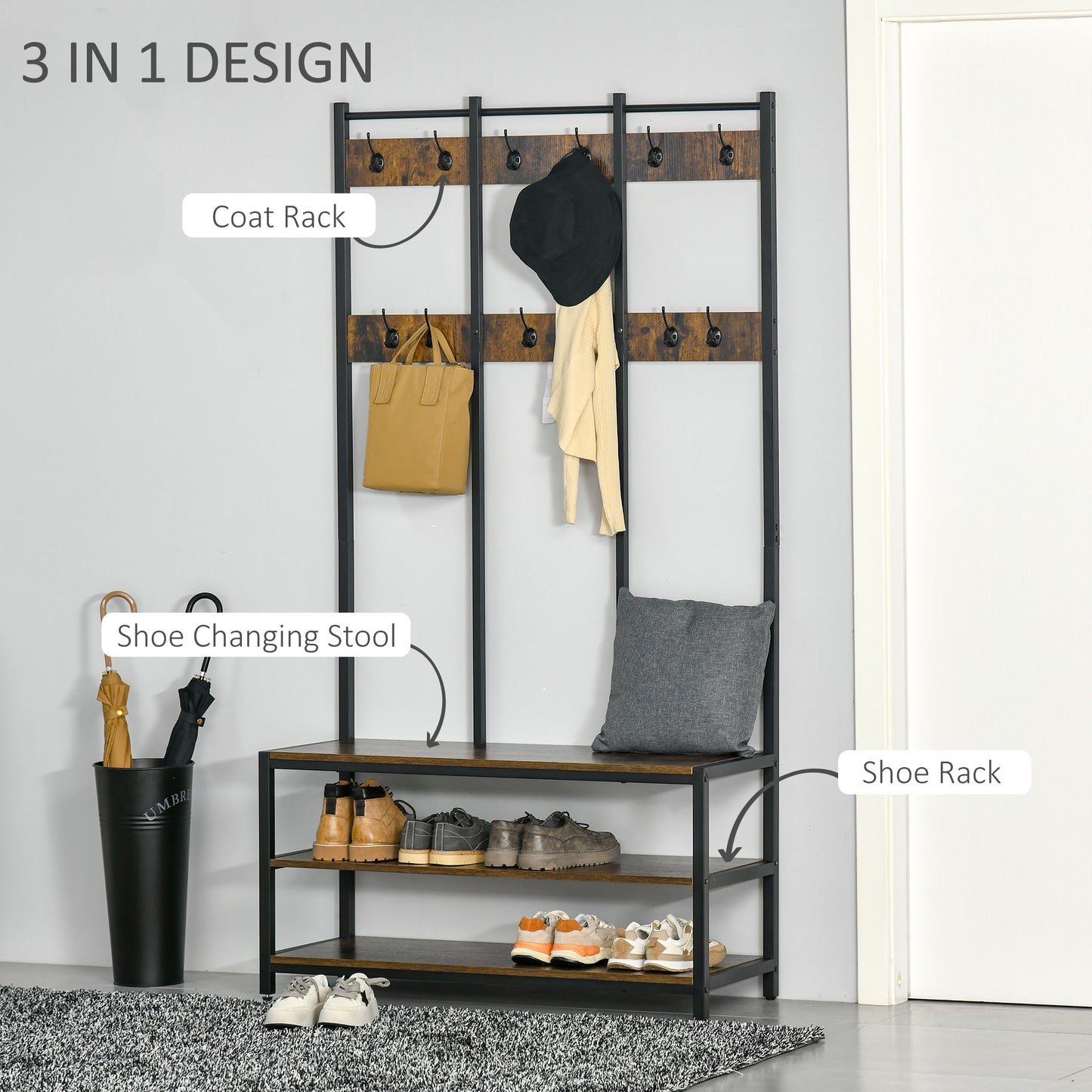 Entryway Coat Rack Hall Tree Shoe Bench 3 in 1 Design Metal Storage Rack