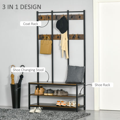 Entryway Coat Rack Hall Tree Shoe Bench 3 in 1 Design Metal Storage Rack