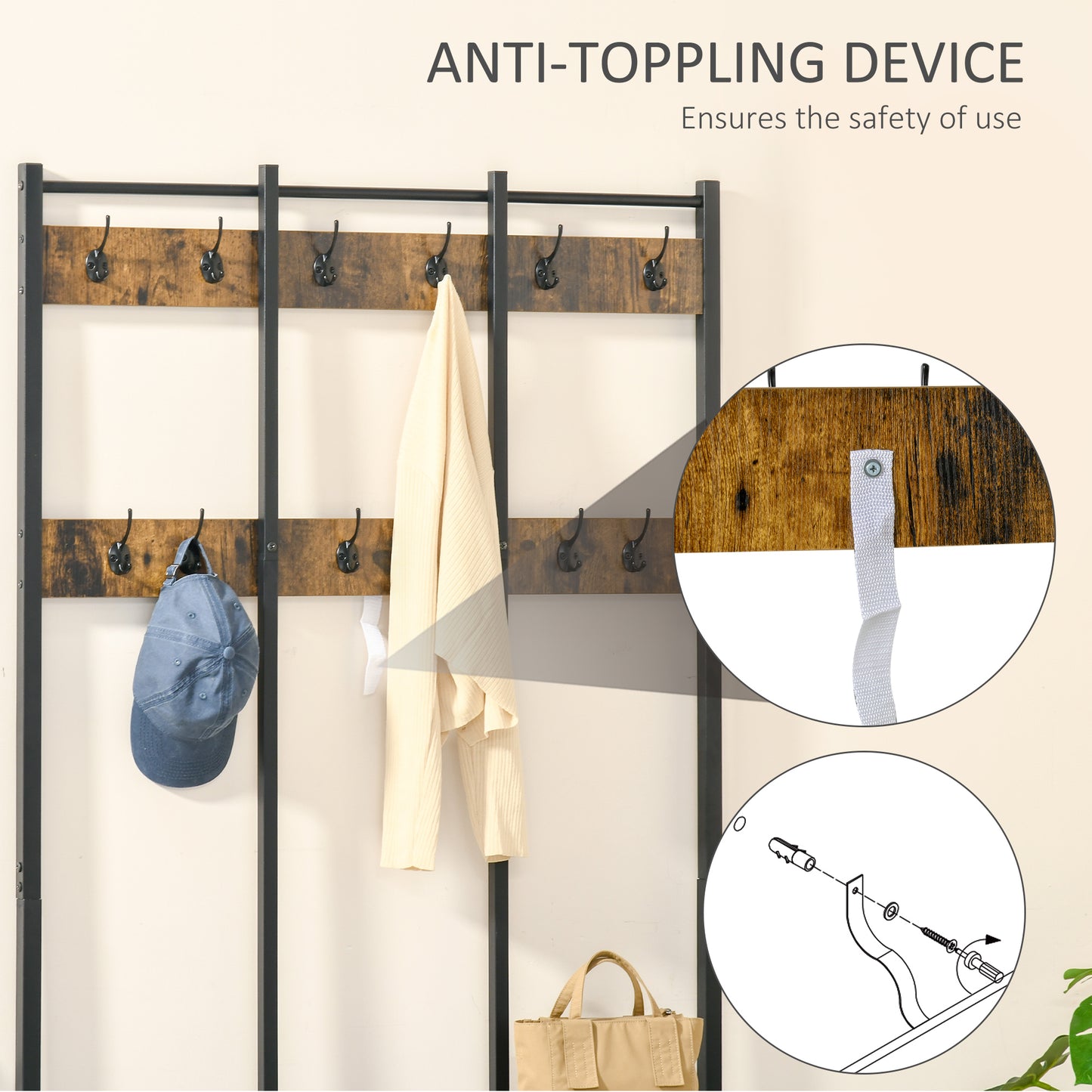 Entryway Coat Rack Hall Tree Shoe Bench 3 in 1 Design Metal Storage Rack