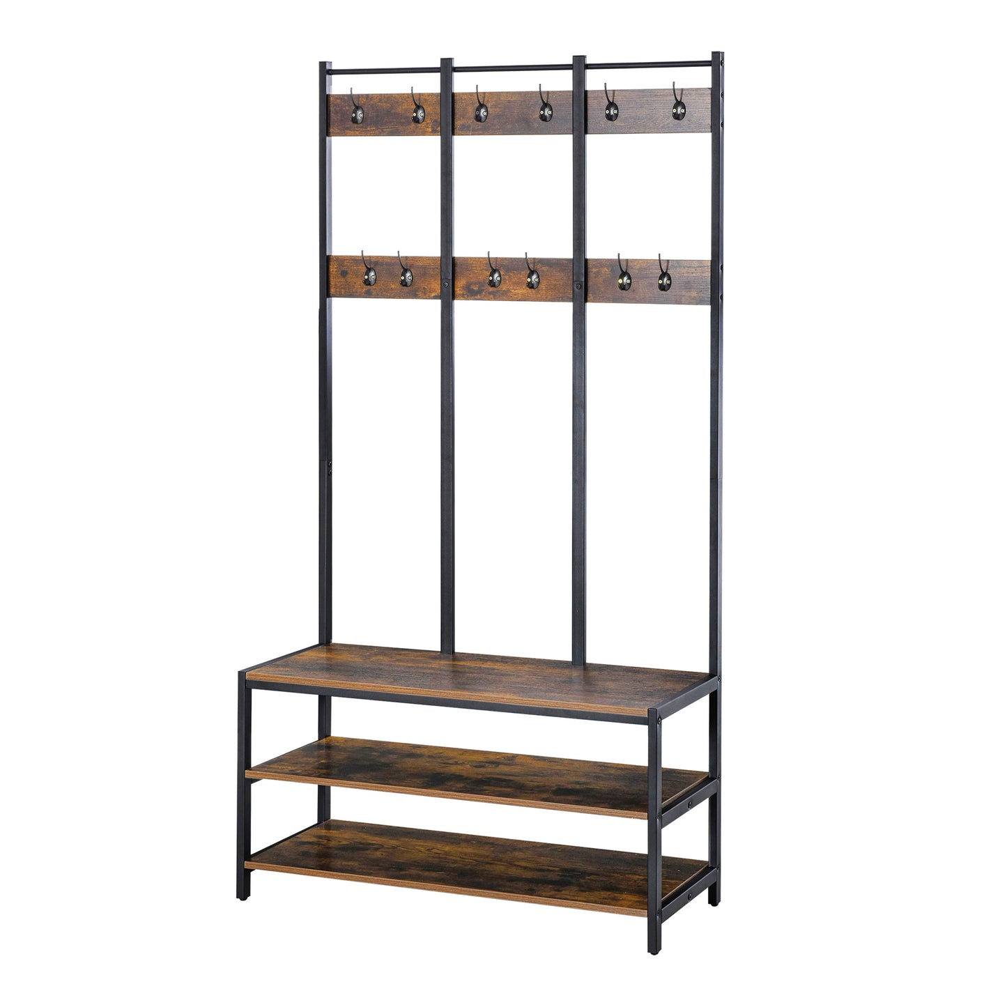 Entryway Coat Rack Hall Tree Shoe Bench 3 in 1 Design Metal Storage Rack