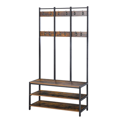 Entryway Coat Rack Hall Tree Shoe Bench 3 in 1 Design Metal Storage Rack