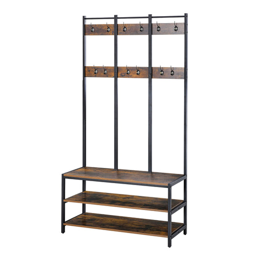 Entryway Coat Rack Hall Tree Shoe Bench 3 in 1 Design Metal Storage Rack