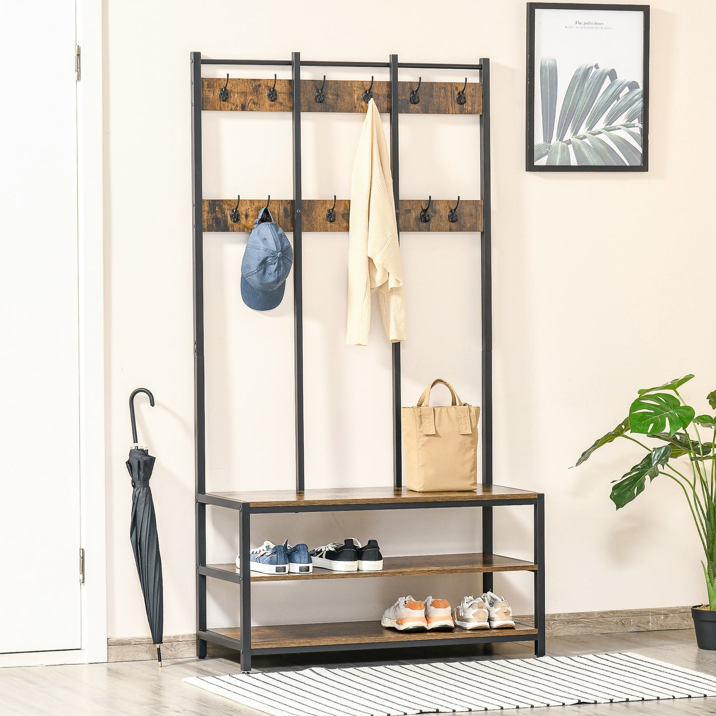 Entryway Coat Rack Hall Tree Shoe Bench 3 in 1 Design Metal Storage Rack