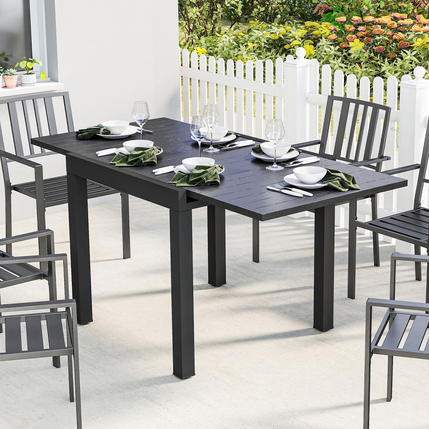 Aluminium Extending Garden Table with Faux Wood Slatted Top, Black