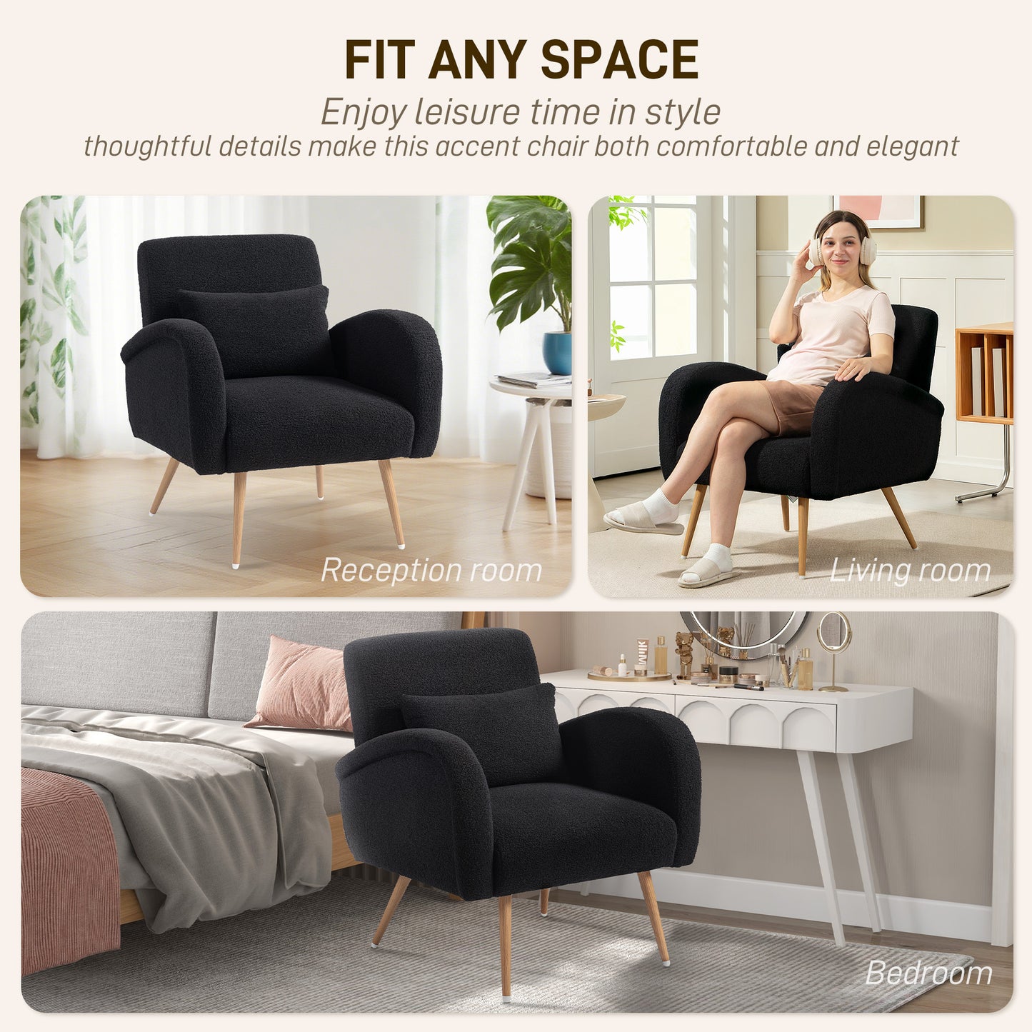 Teddy Fleece Upholstered Accent Chair with Metal Legs, Black