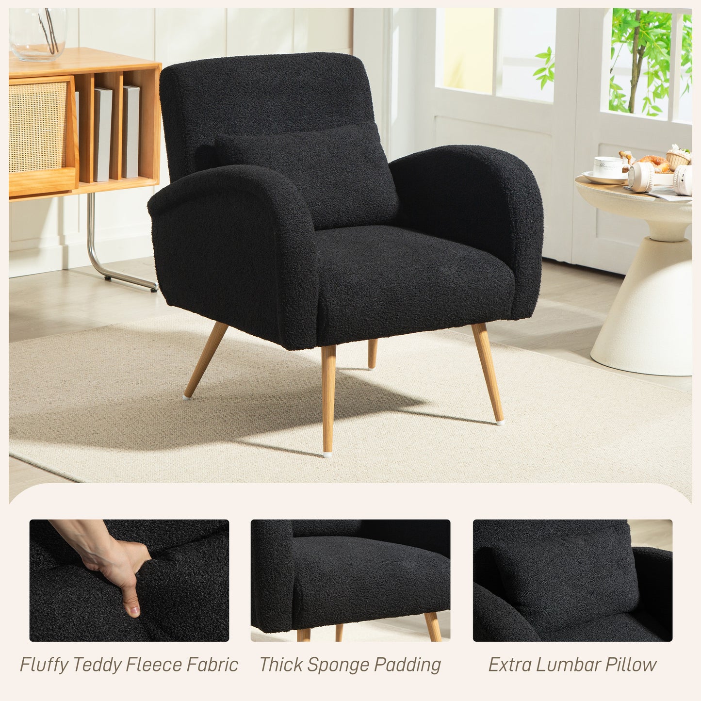 Teddy Fleece Upholstered Accent Chair with Metal Legs, Black