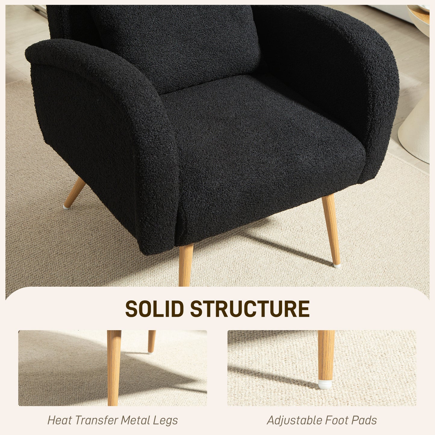 Teddy Fleece Upholstered Accent Chair with Metal Legs, Black