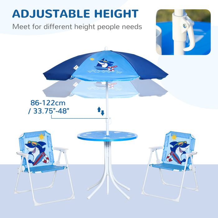 Kids Picnic & Table Chair set, Outdoor Folding Garden Furniture w/ Shark Design, Removable, Adjustable Sun Umbrella, Ages 3-6 Years - Blue