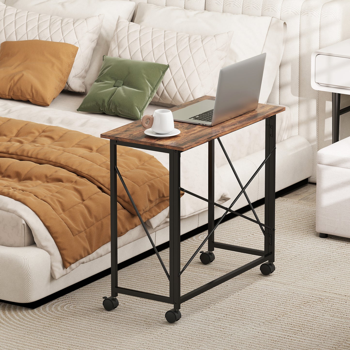 Folding Desk on Wheels, Writing Table for Home Office, Brown