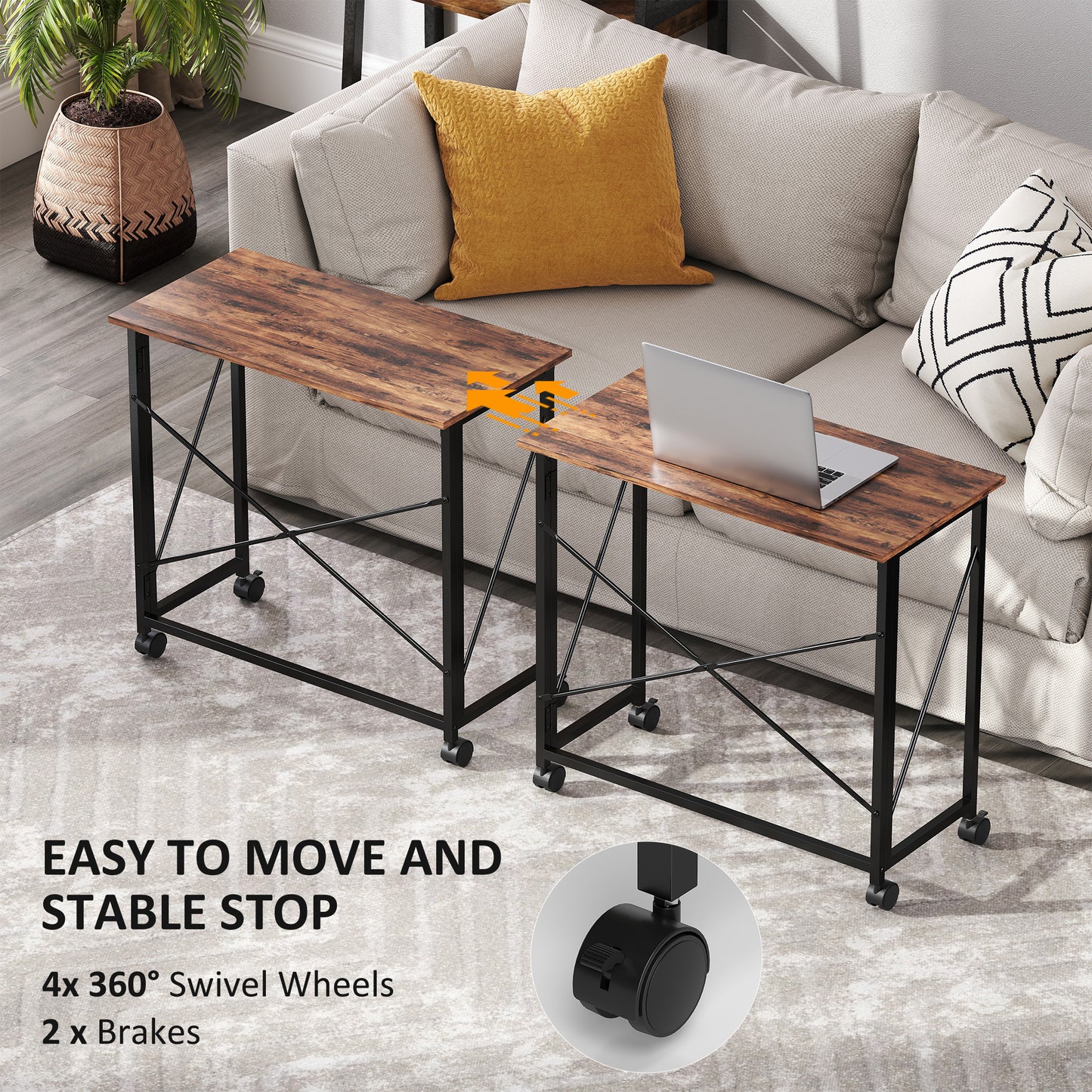 Folding Desk on Wheels, Writing Table for Home Office, Brown