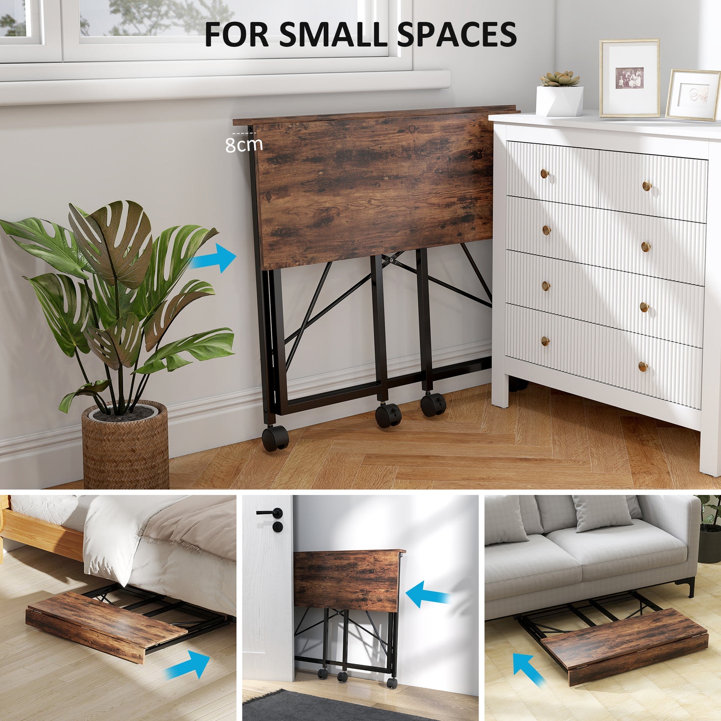 Folding Desk on Wheels, Writing Table for Home Office, Brown