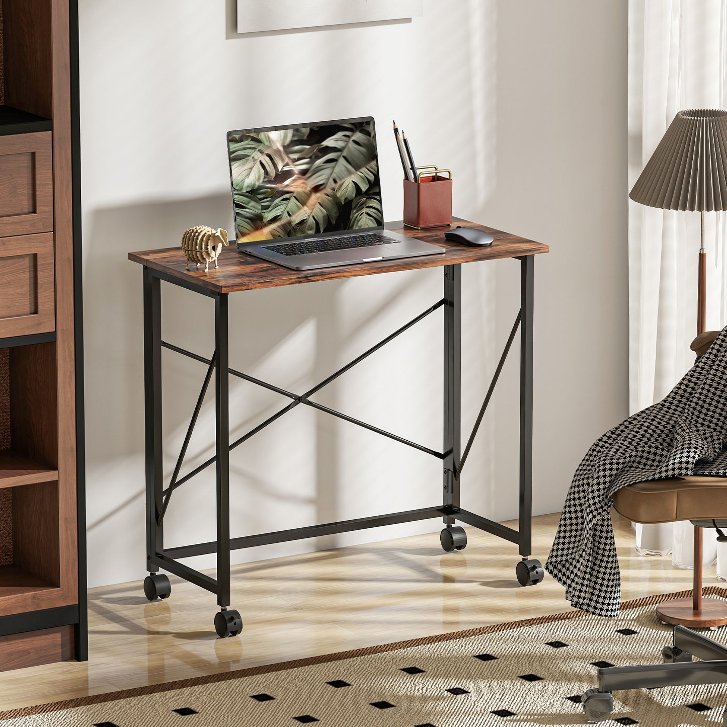 Folding Desk on Wheels, Writing Table for Home Office, Brown