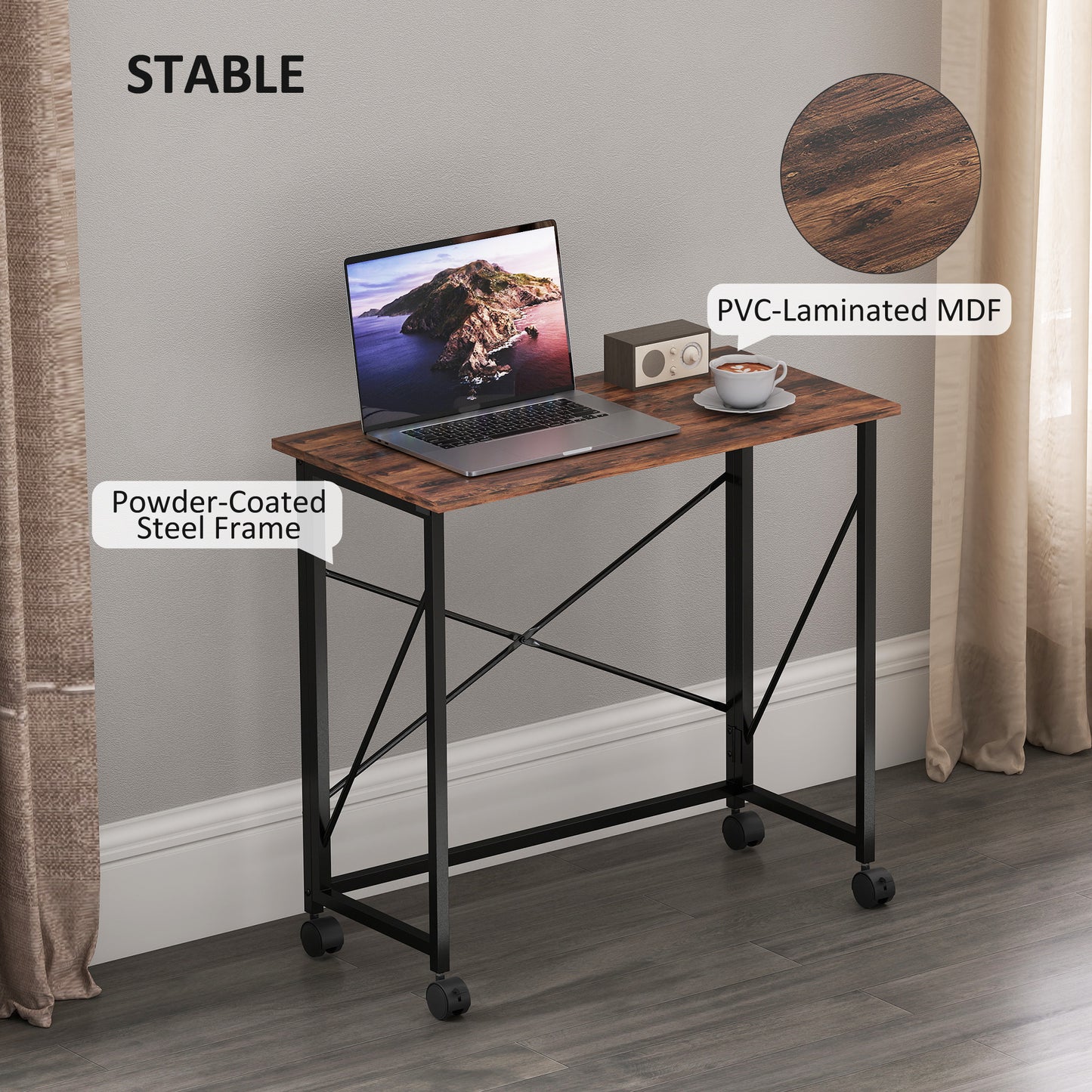 Folding Desk on Wheels, Writing Table for Home Office, Brown