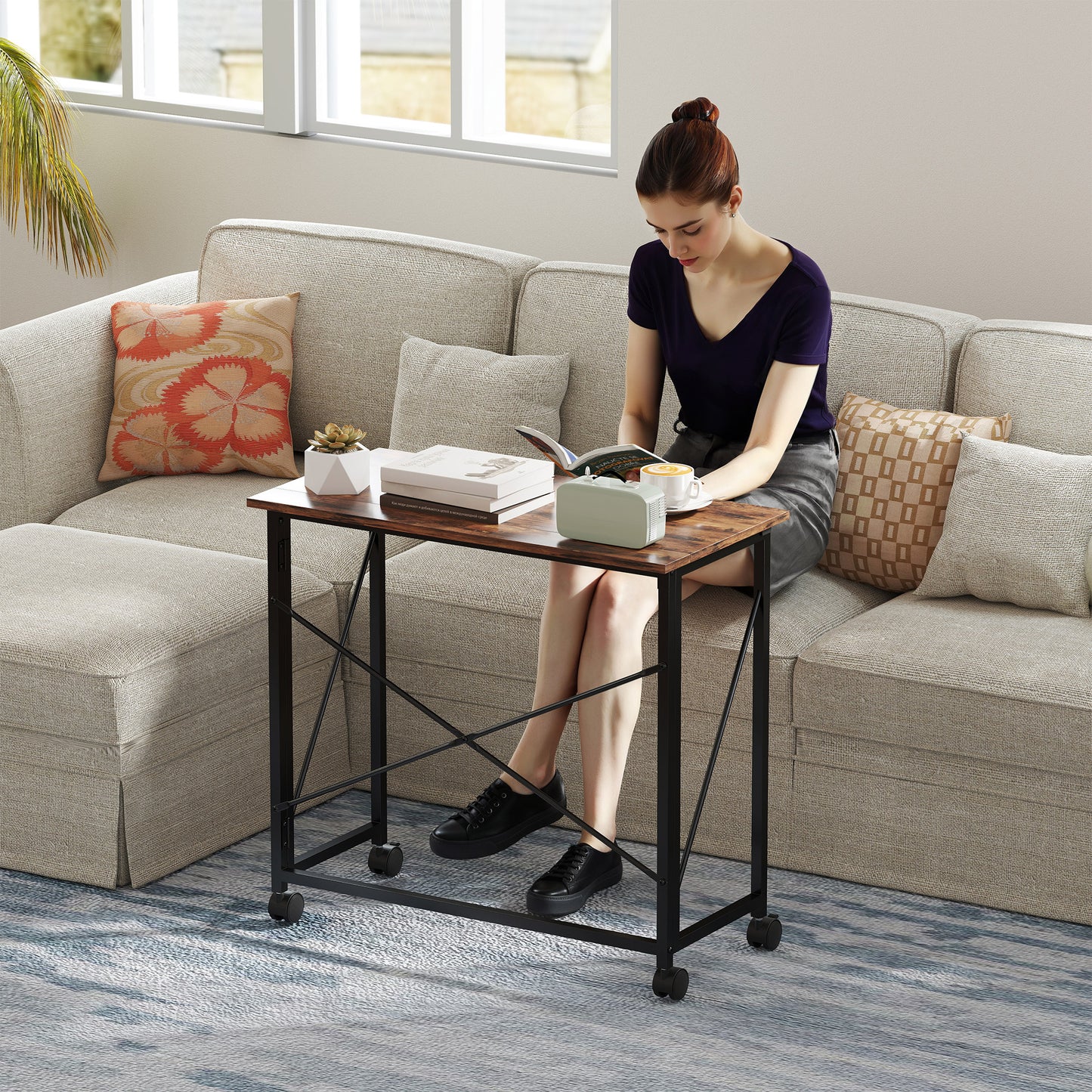 Folding Desk on Wheels, Writing Table for Home Office, Brown