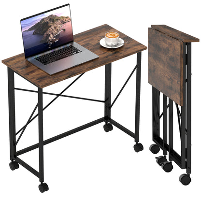 Folding Desk on Wheels, Writing Table for Home Office, Brown