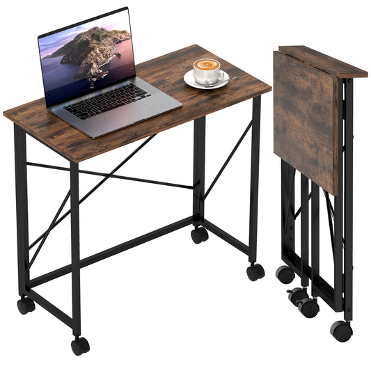 Folding Desk on Wheels, Writing Table for Home Office, Brown