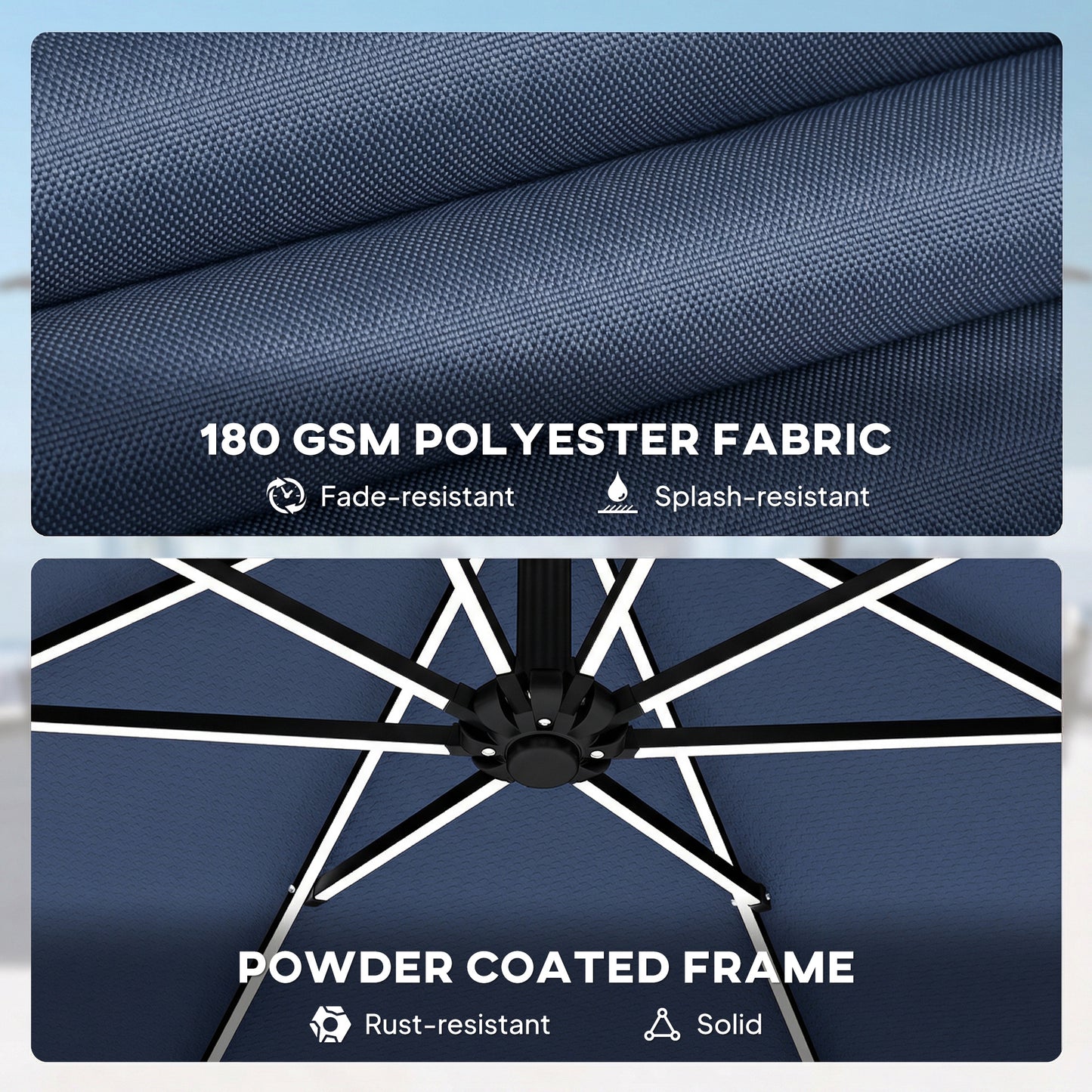 3 m Garden Cantilever Parasol with Solar Light, Rotation, Navy Blue